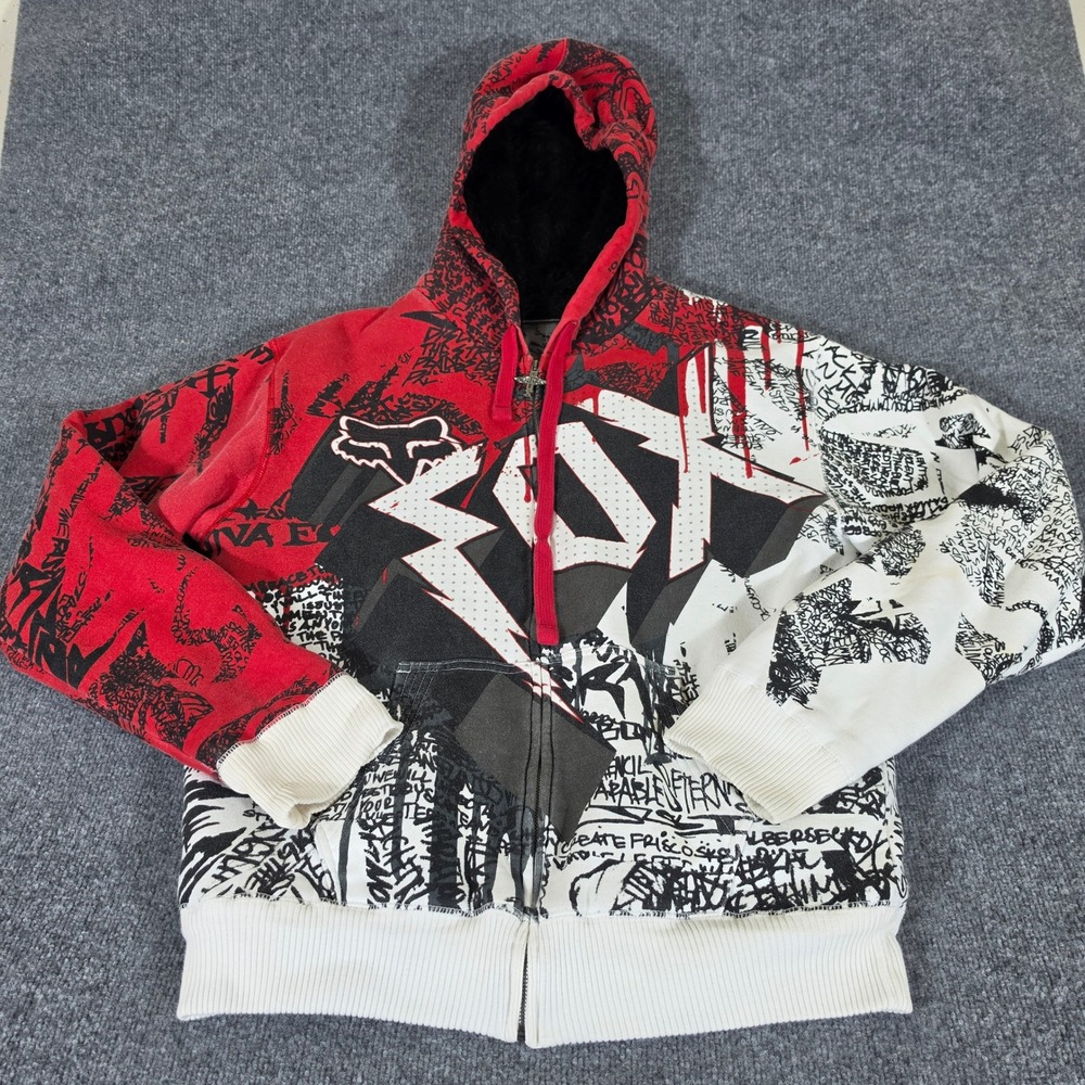 Y2K Fox Racing Sasquatch Hoodie Mens Large Red White Black Faux Fur Lined Zip
